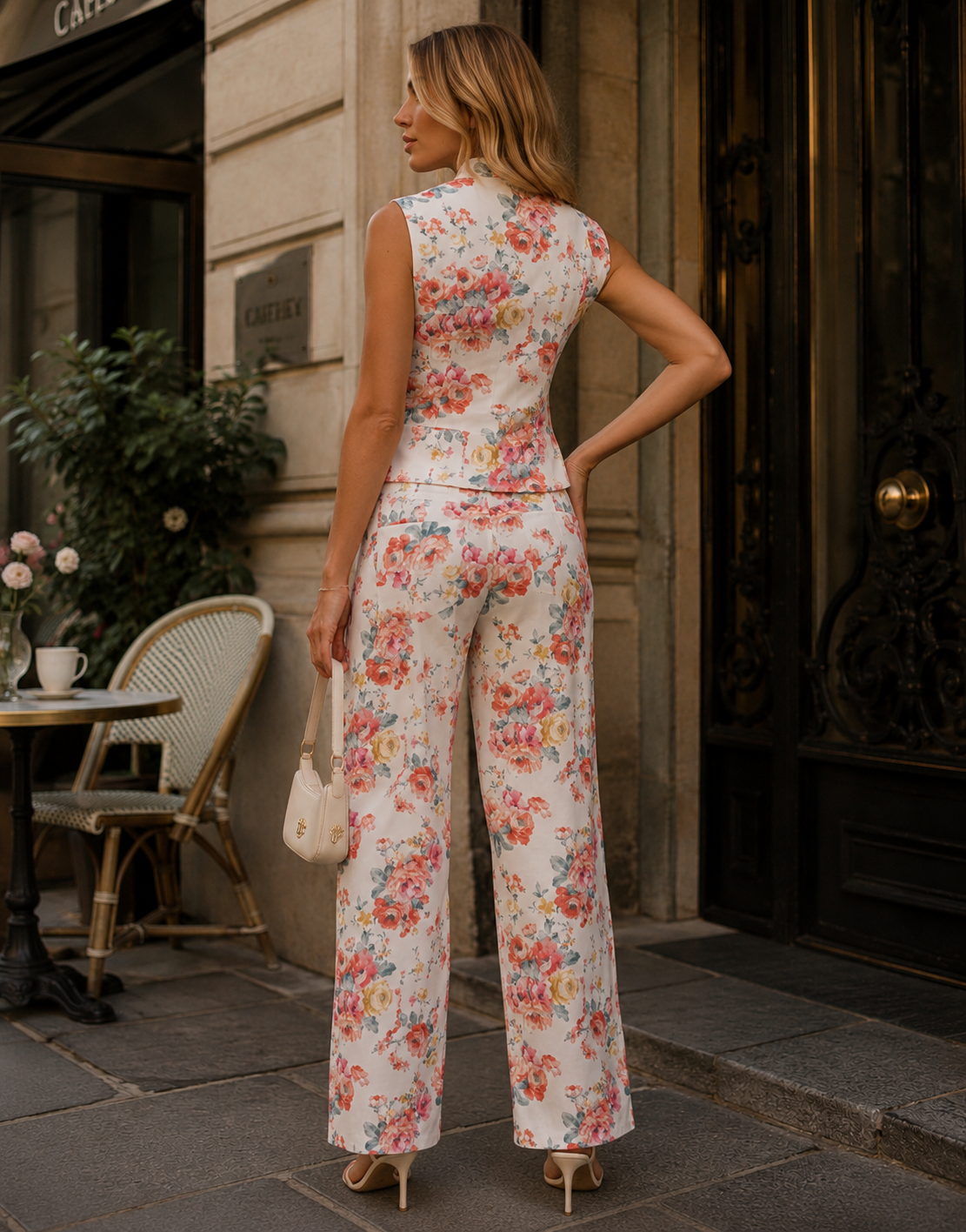 Floral Vest and Pants Matching Set - White