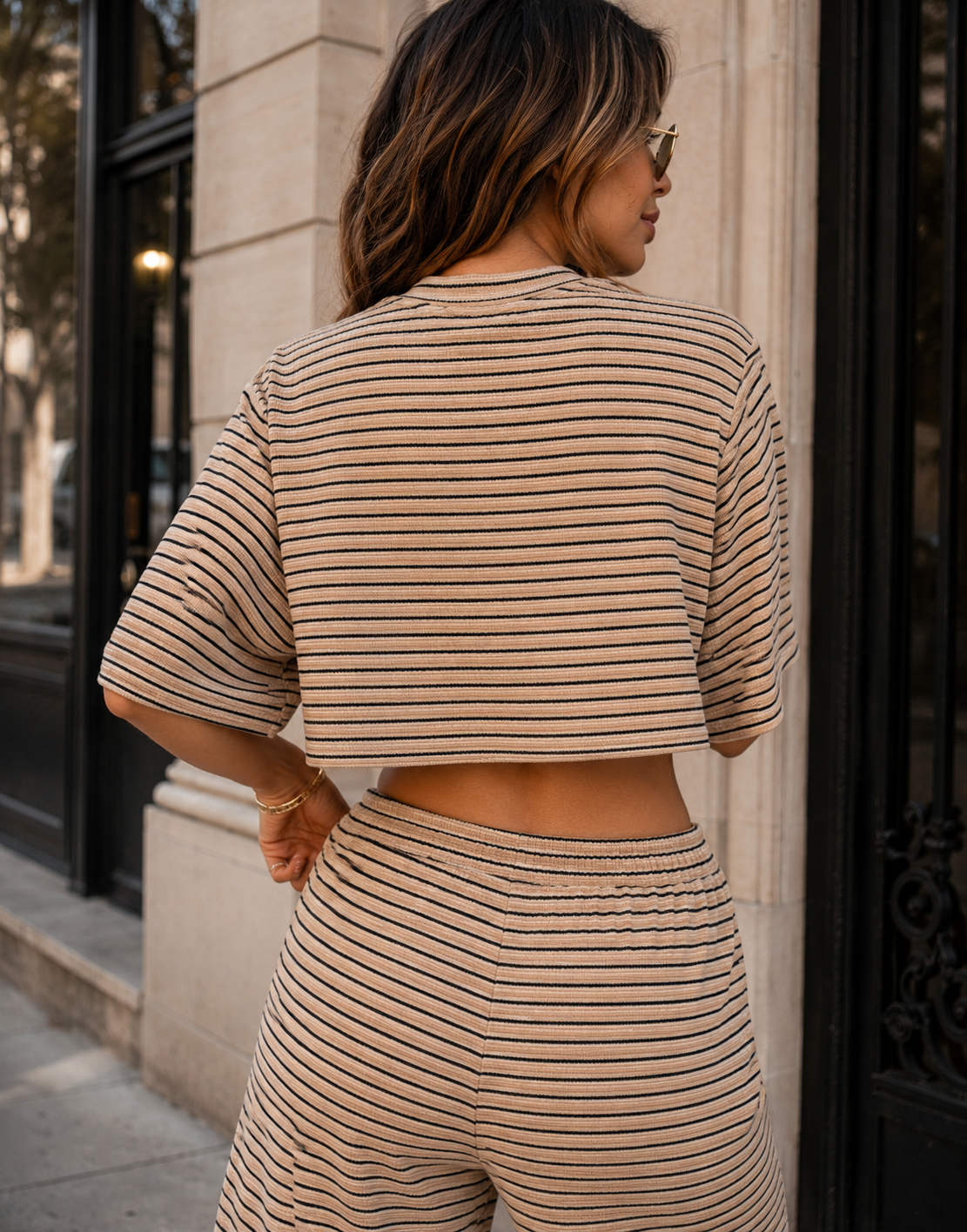 Striped Shirt And Wide-Pant Set - Camel