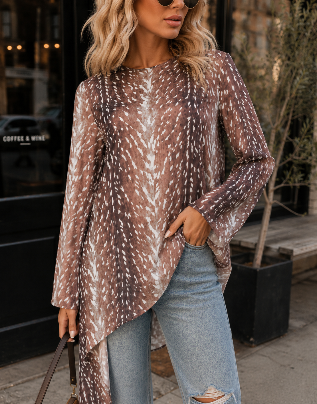 Fawn Print Satin Asymmetric Dress - Leopard
