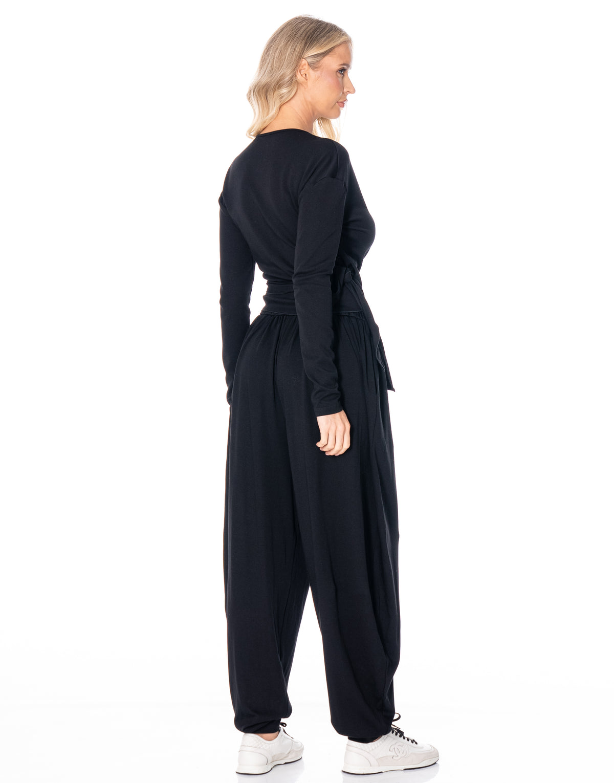 Knit Wrap Top Balloon Pant Lounge Set - Black