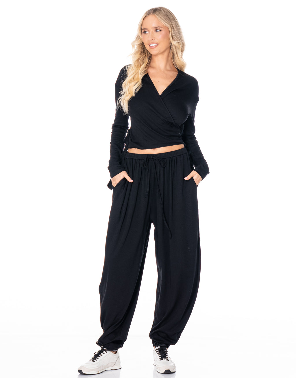 Knit Wrap Top Balloon Pant Lounge Set - Black