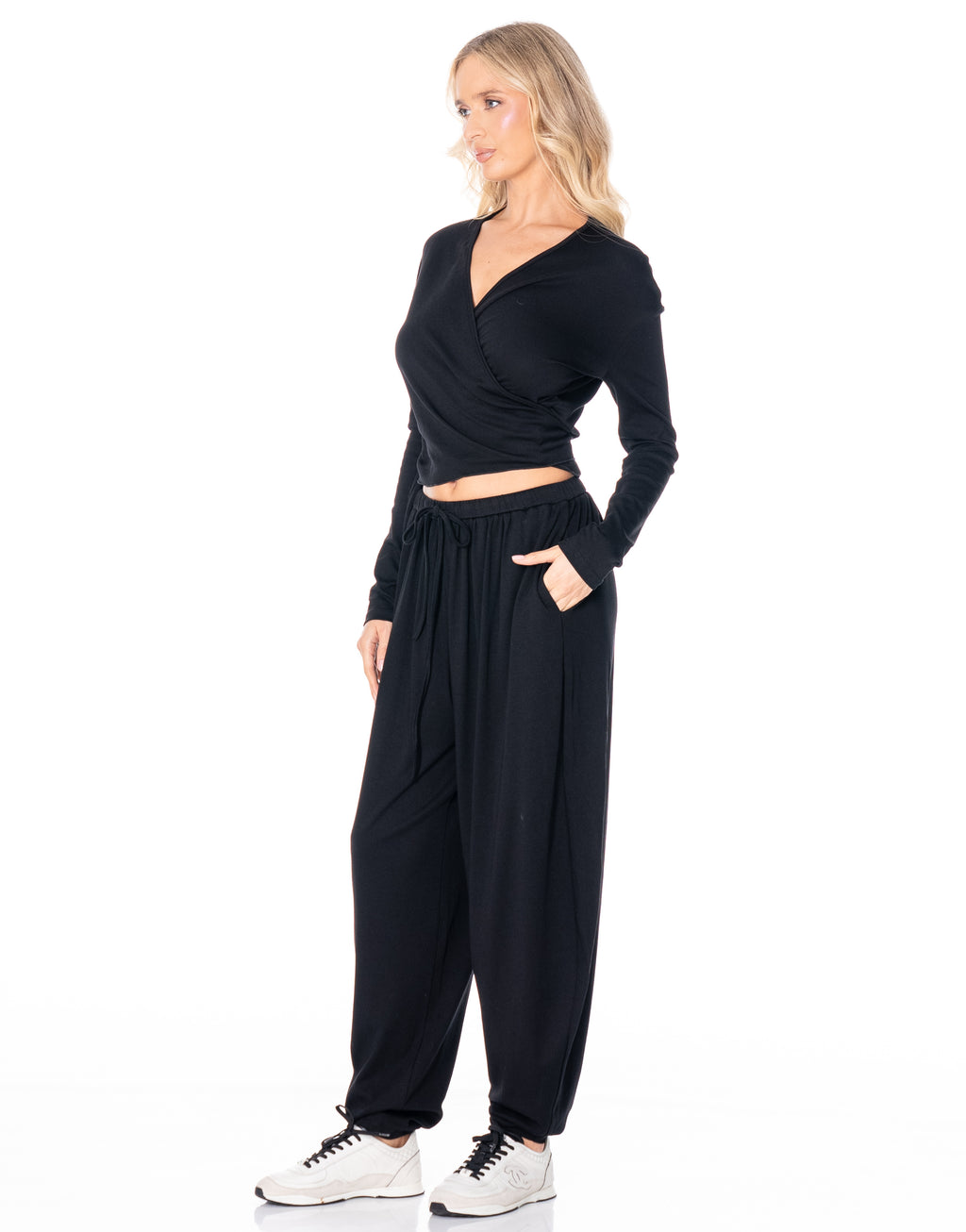 Knit Wrap Top Balloon Pant Lounge Set - Black