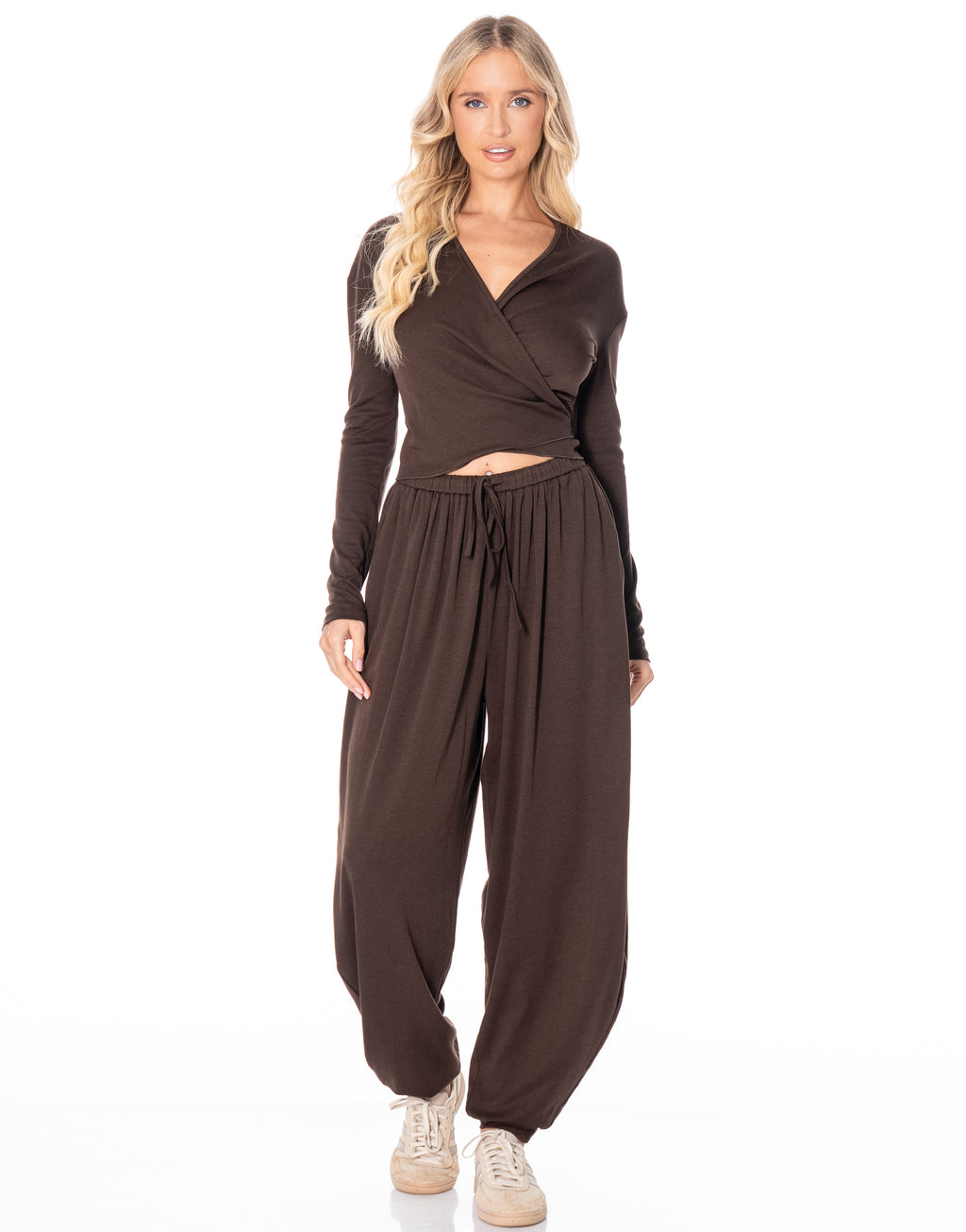 Knit Wrap Top Balloon Pant Lounge Set - Coffee