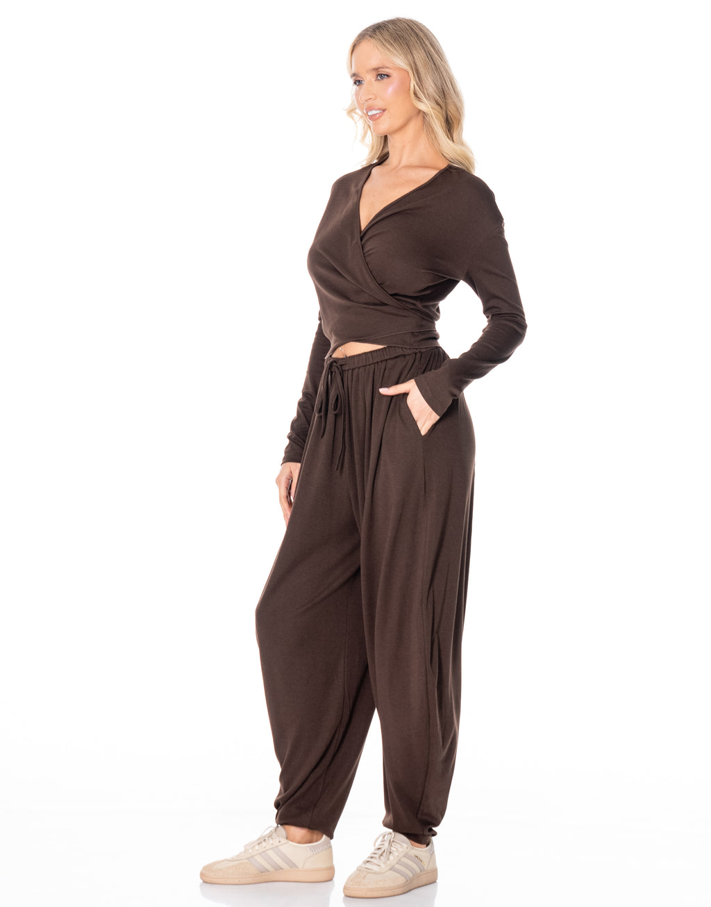 Knit Wrap Top Balloon Pant Lounge Set - Coffee