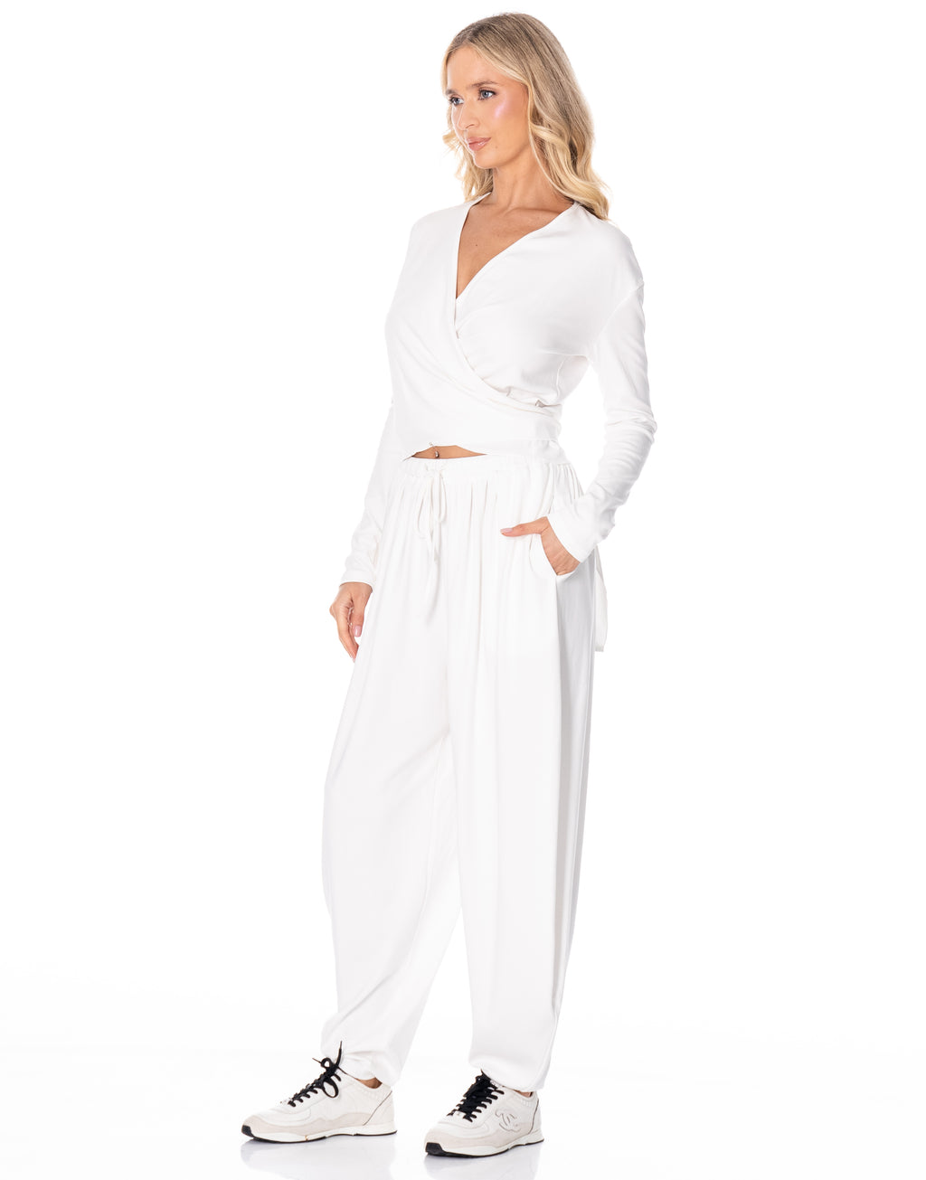 Knit Wrap Top Balloon Pant Lounge Set - White