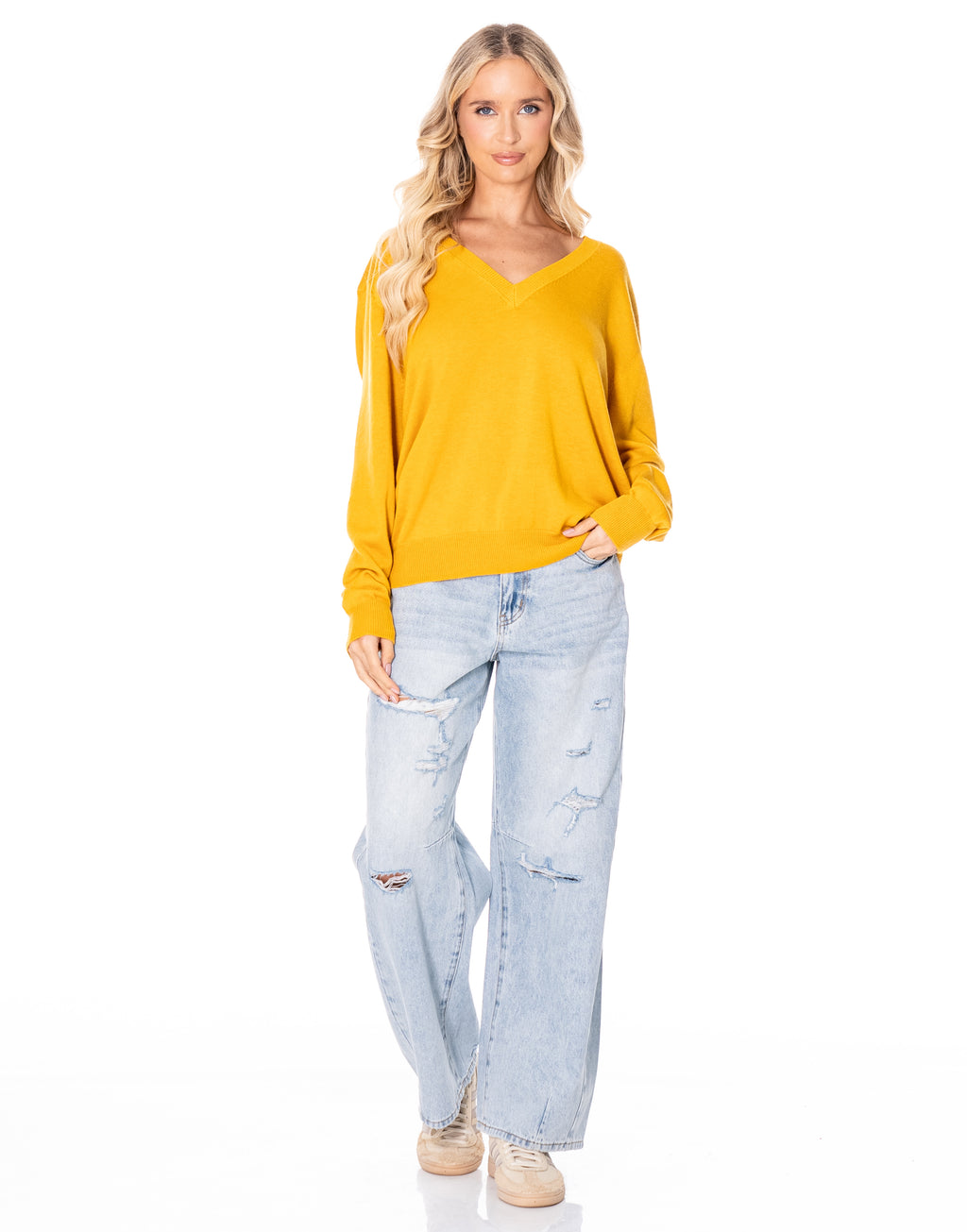 V Neck Fine Knit Sweater - Apricot