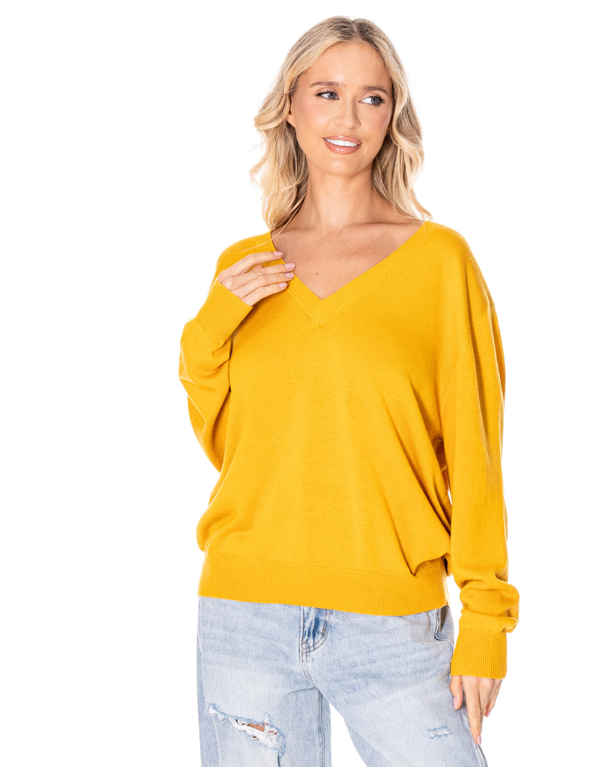V Neck Fine Knit Sweater - Apricot