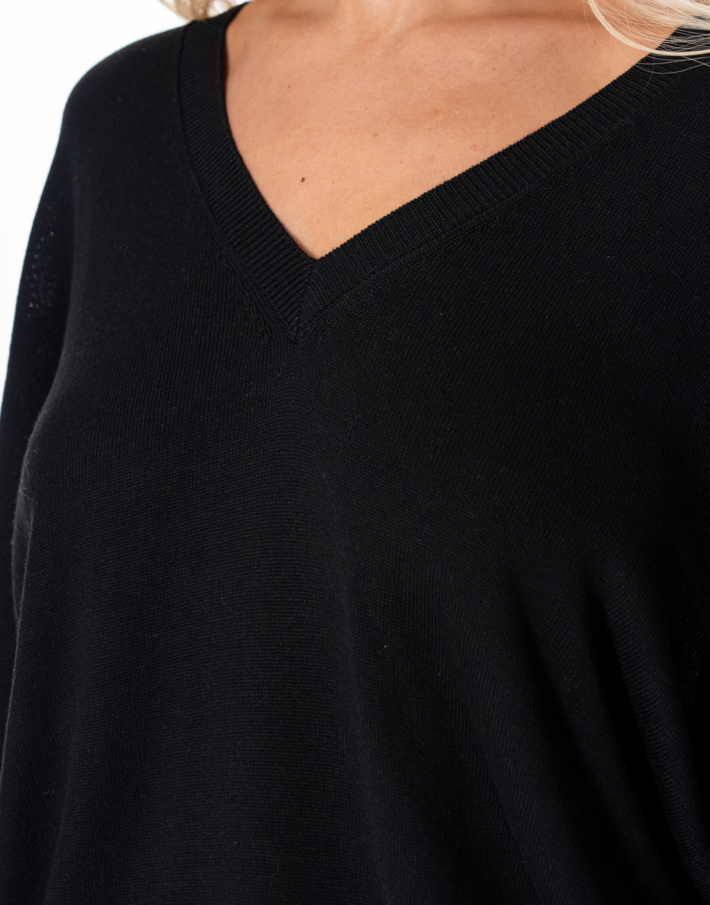 V Neck Fine Knit Sweater - Black