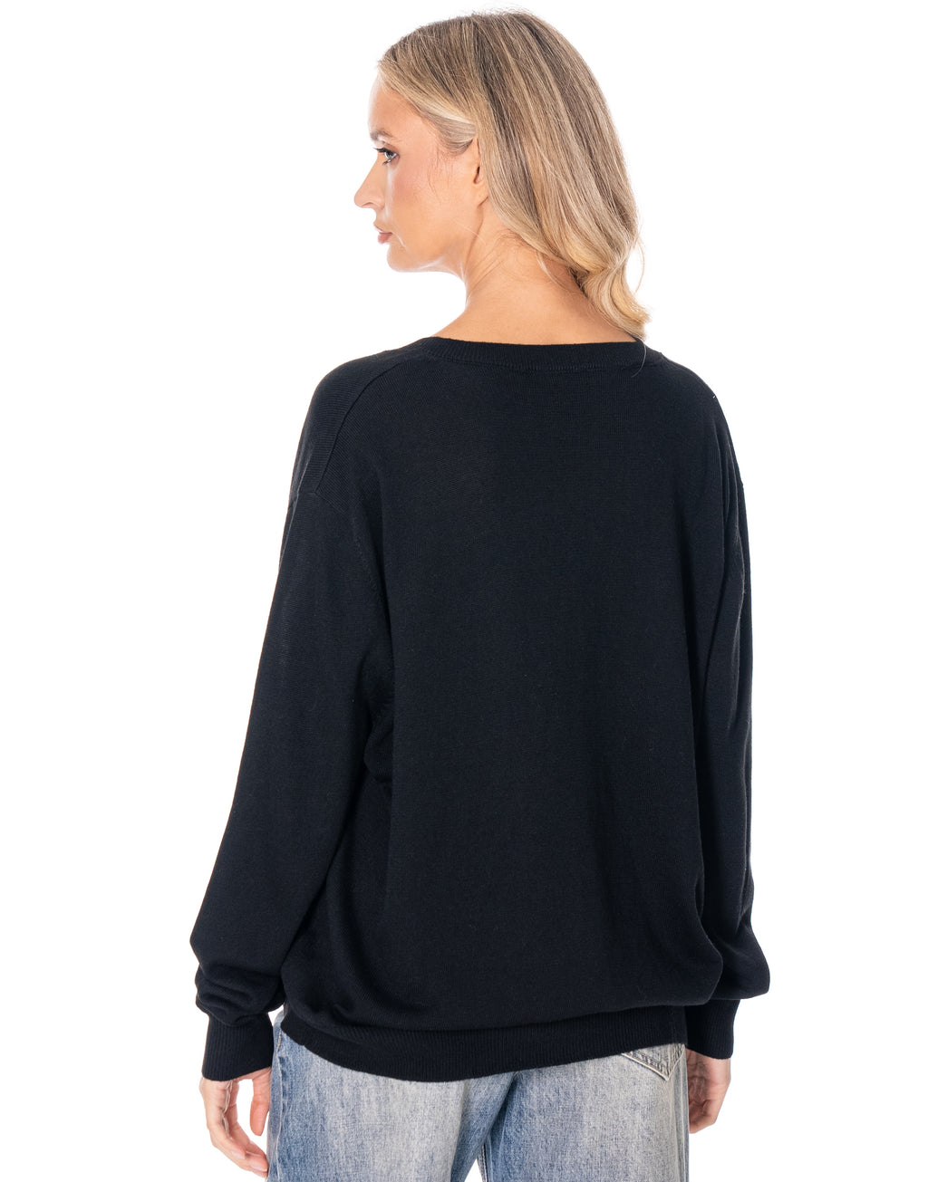 V Neck Fine Knit Sweater - Black