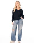 V Neck Fine Knit Sweater - Black