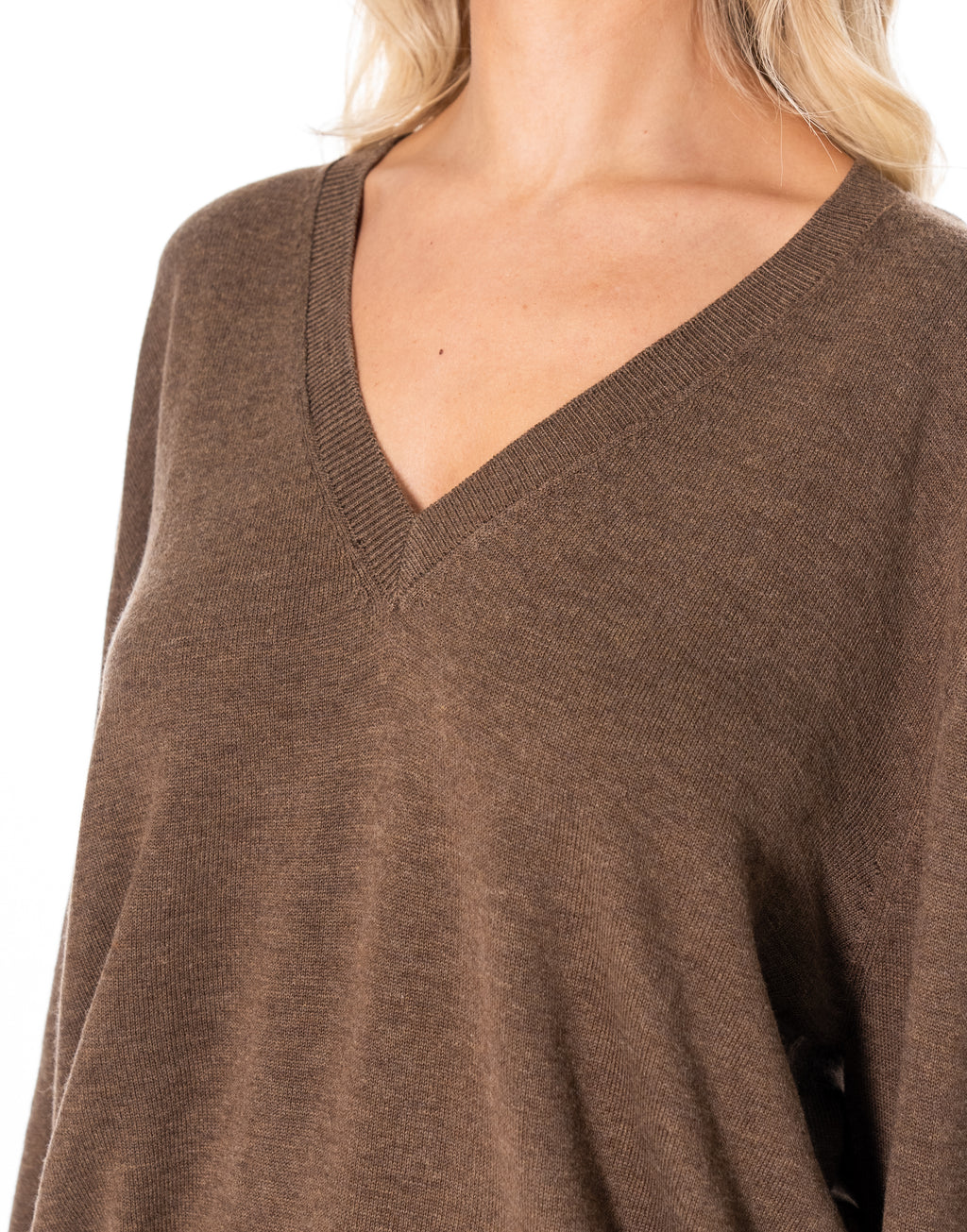 V Neck Fine Knit Sweater - Coffee