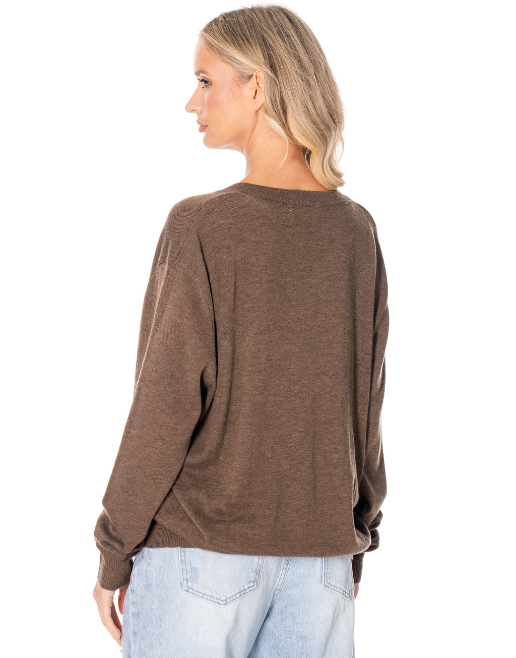 V Neck Fine Knit Sweater - Coffee