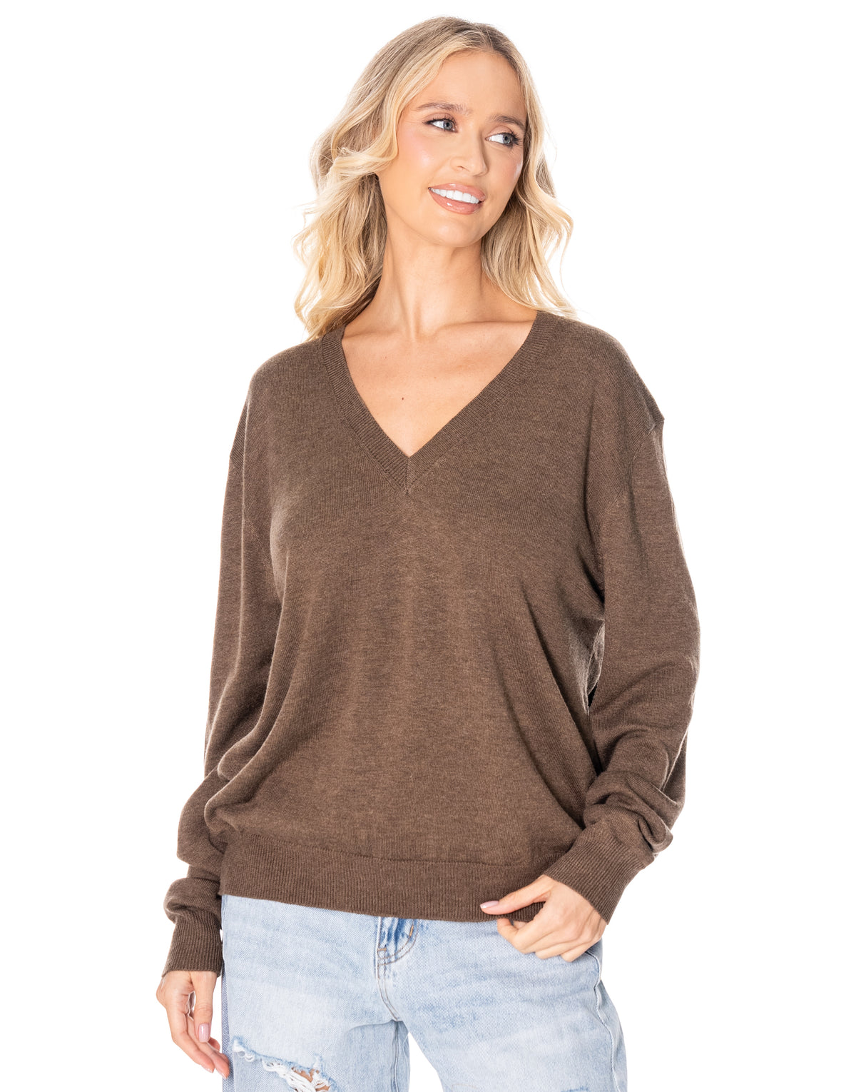 V Neck Fine Knit Sweater - Coffee