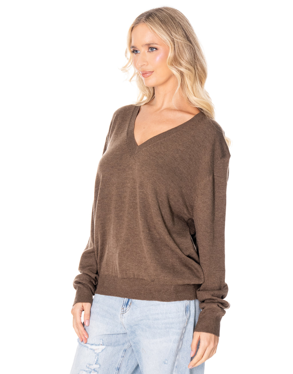 V Neck Fine Knit Sweater - Coffee
