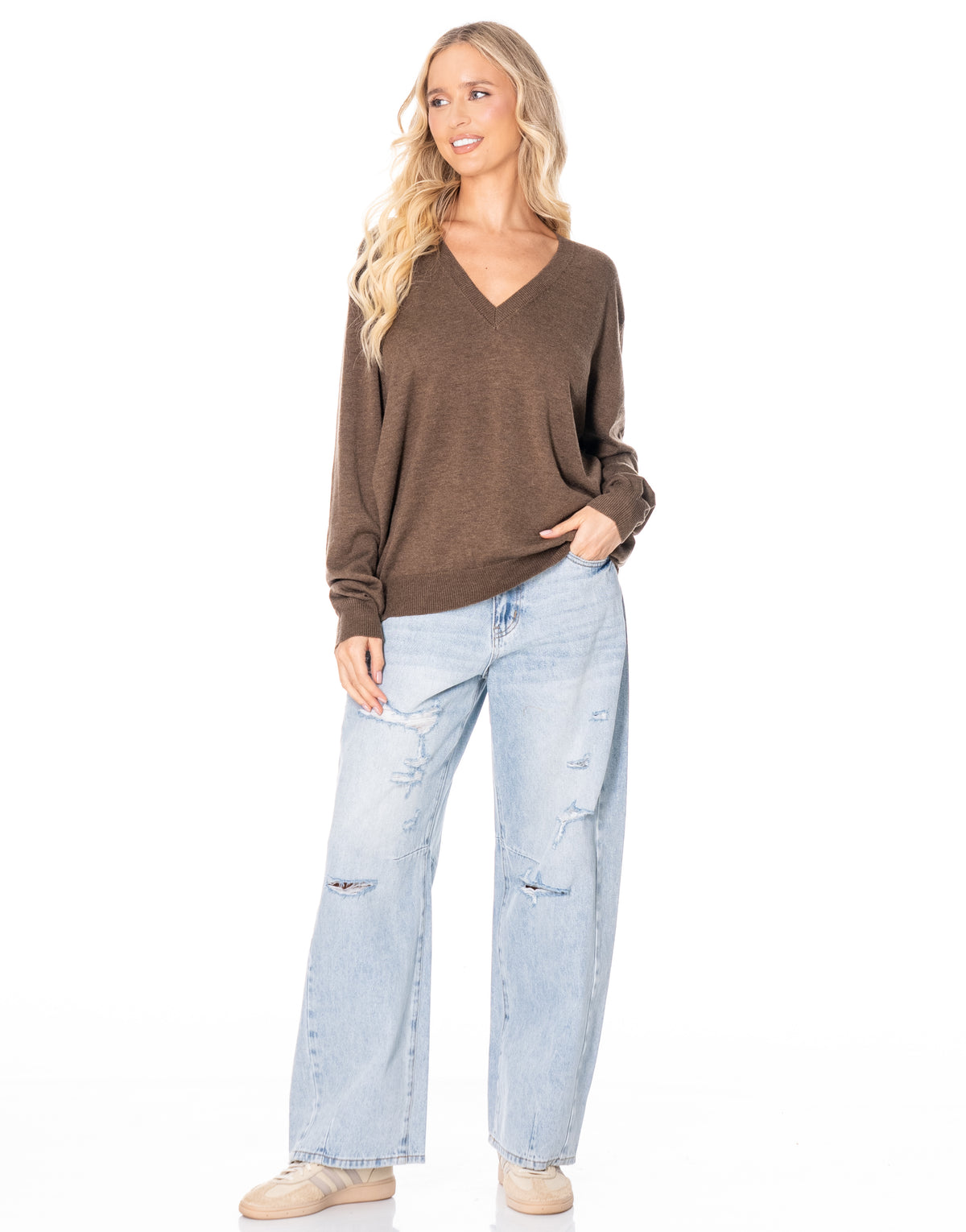 V Neck Fine Knit Sweater - Coffee