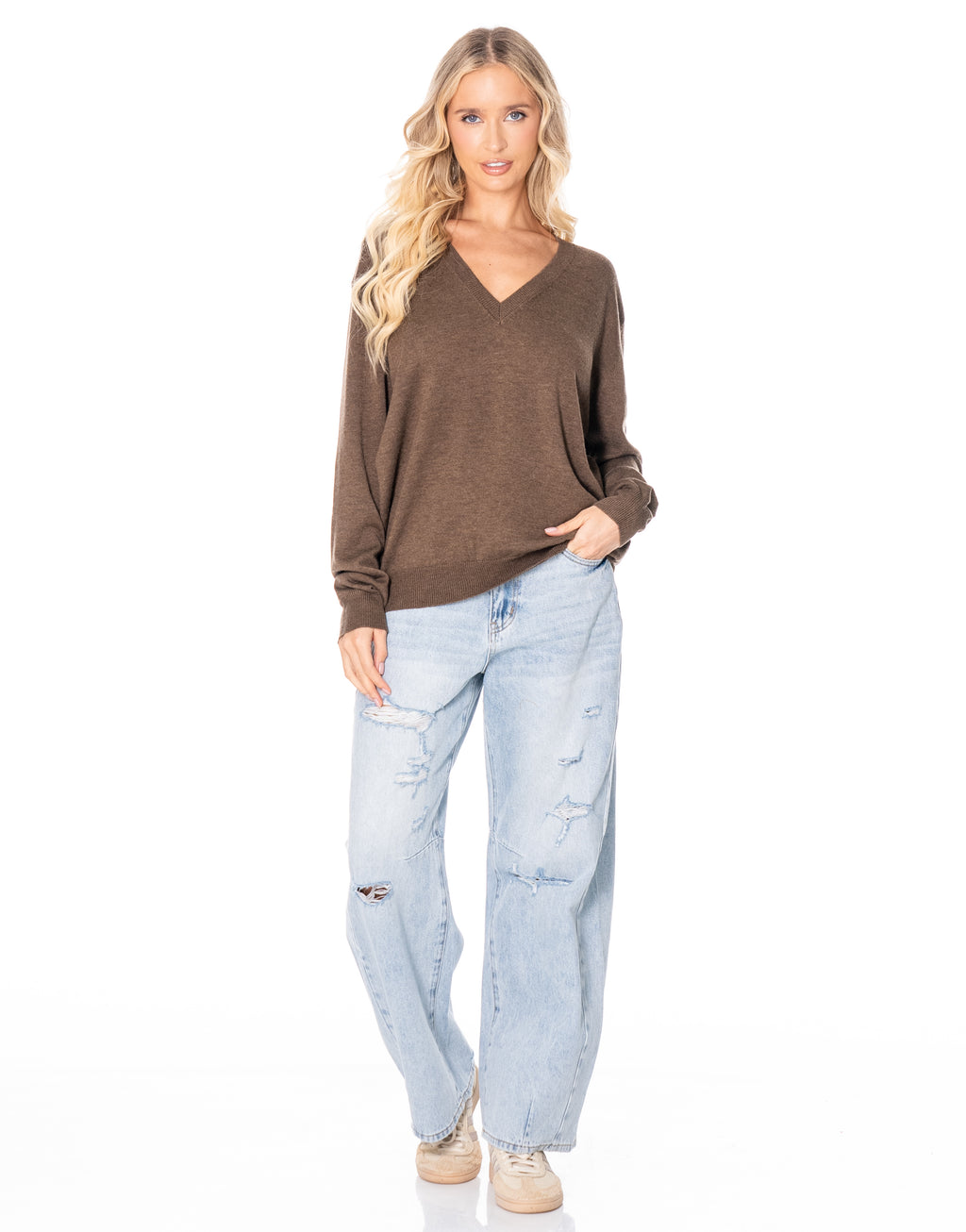 V Neck Fine Knit Sweater - Coffee