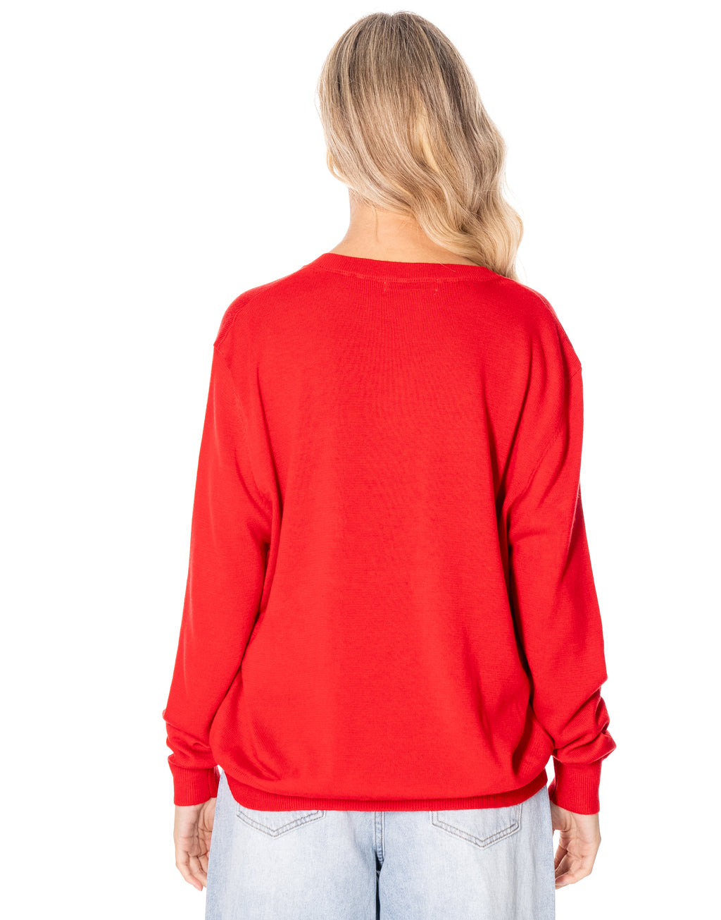 V Neck Fine Knit Sweater - Red