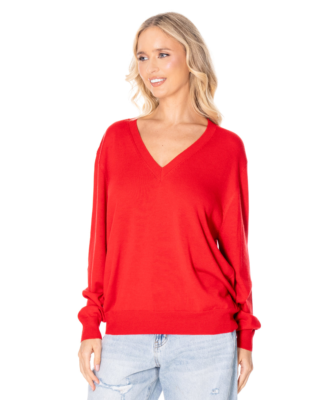 V Neck Fine Knit Sweater - Red
