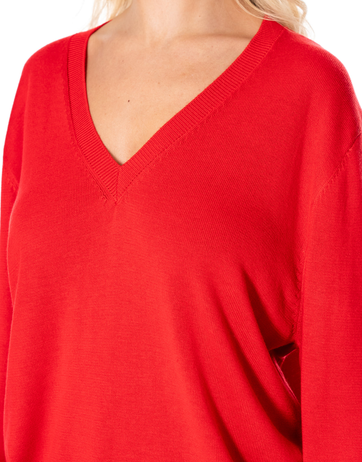 V Neck Fine Knit Sweater - Red