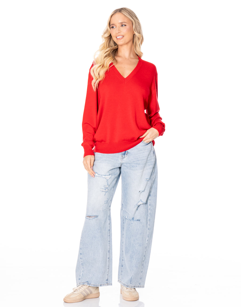 V Neck Fine Knit Sweater - Red