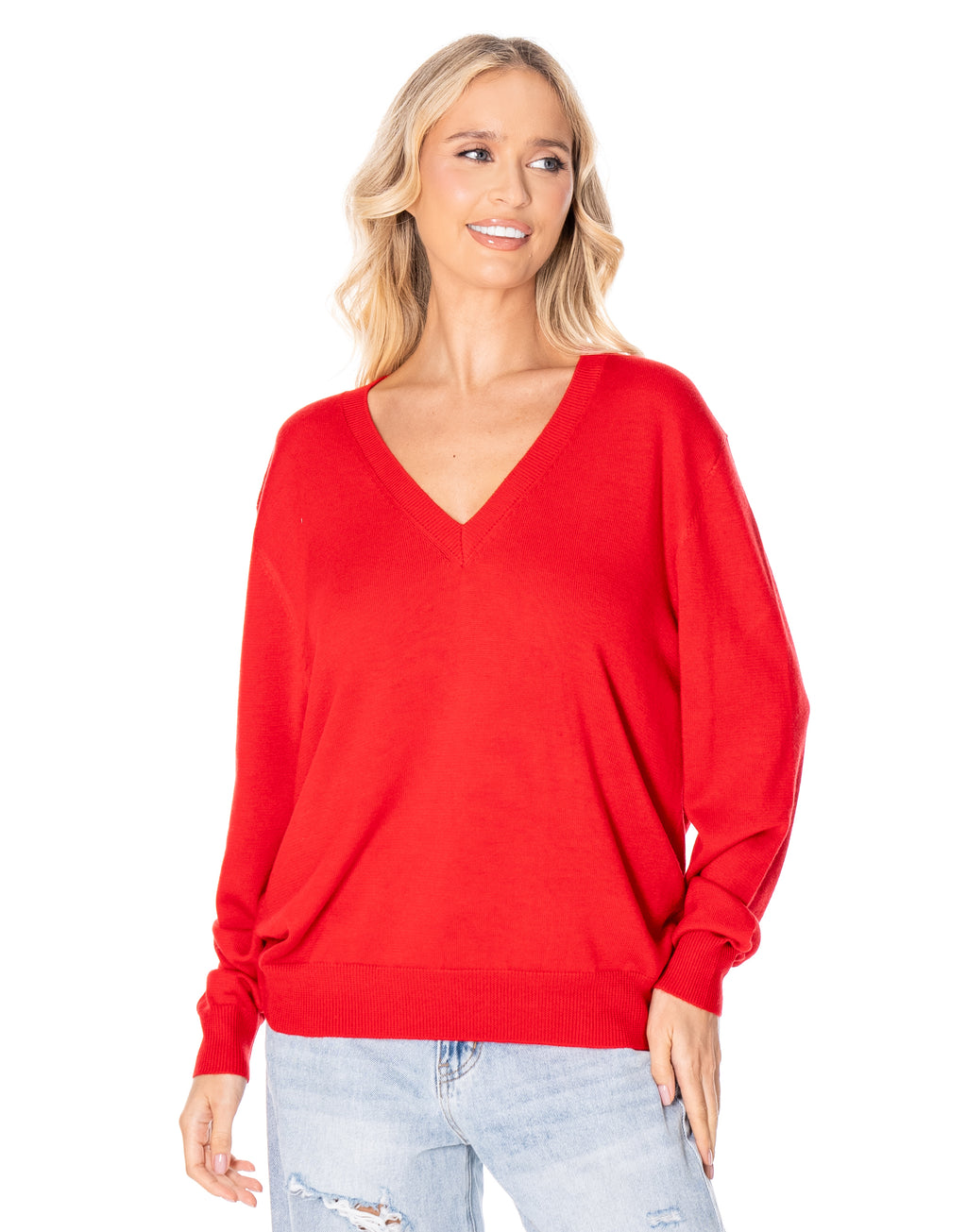 V Neck Fine Knit Sweater - Red