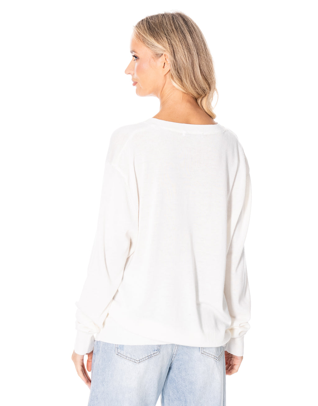 V Neck Fine Knit Sweater - White