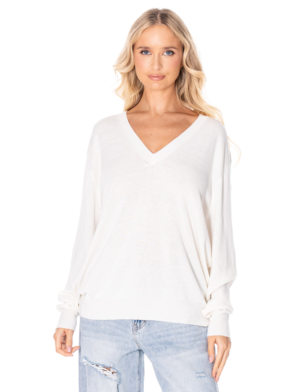 V Neck Fine Knit Sweater - White