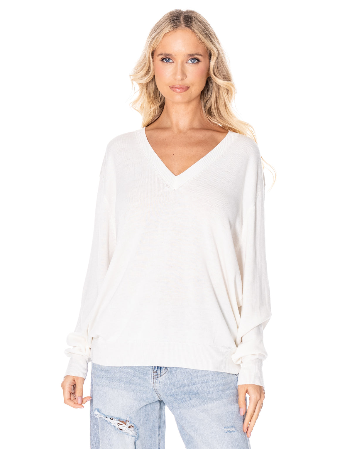 V Neck Fine Knit Sweater - White