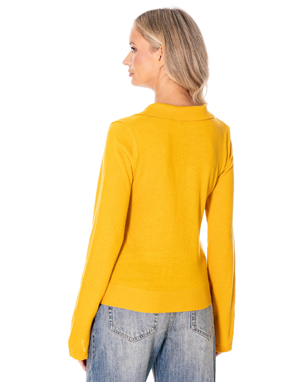 Open Collar Knit Polo Sweater - Yellow