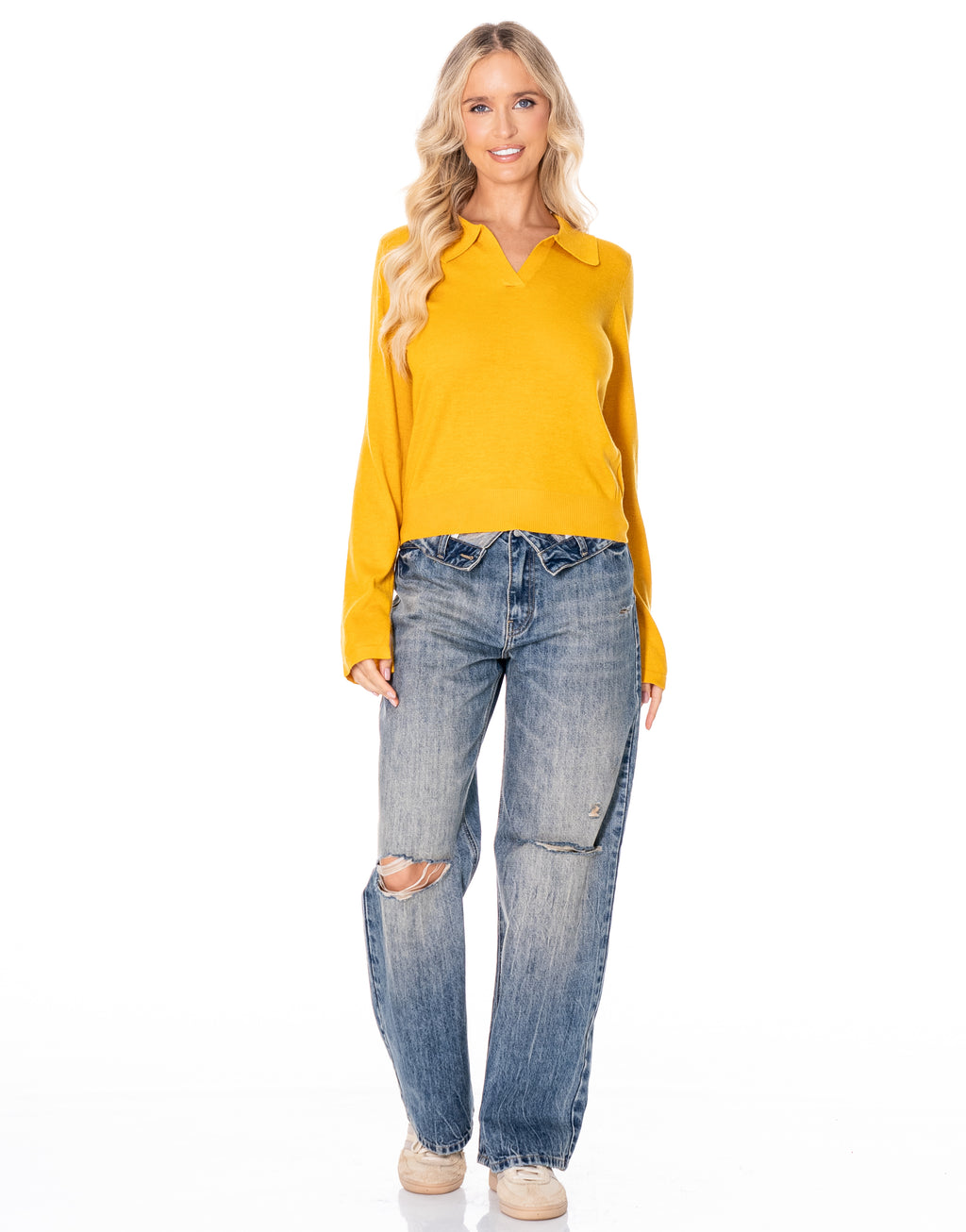 Open Collar Knit Polo Sweater - Yellow