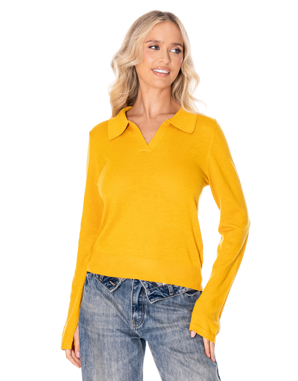 Open Collar Knit Polo Sweater - Yellow