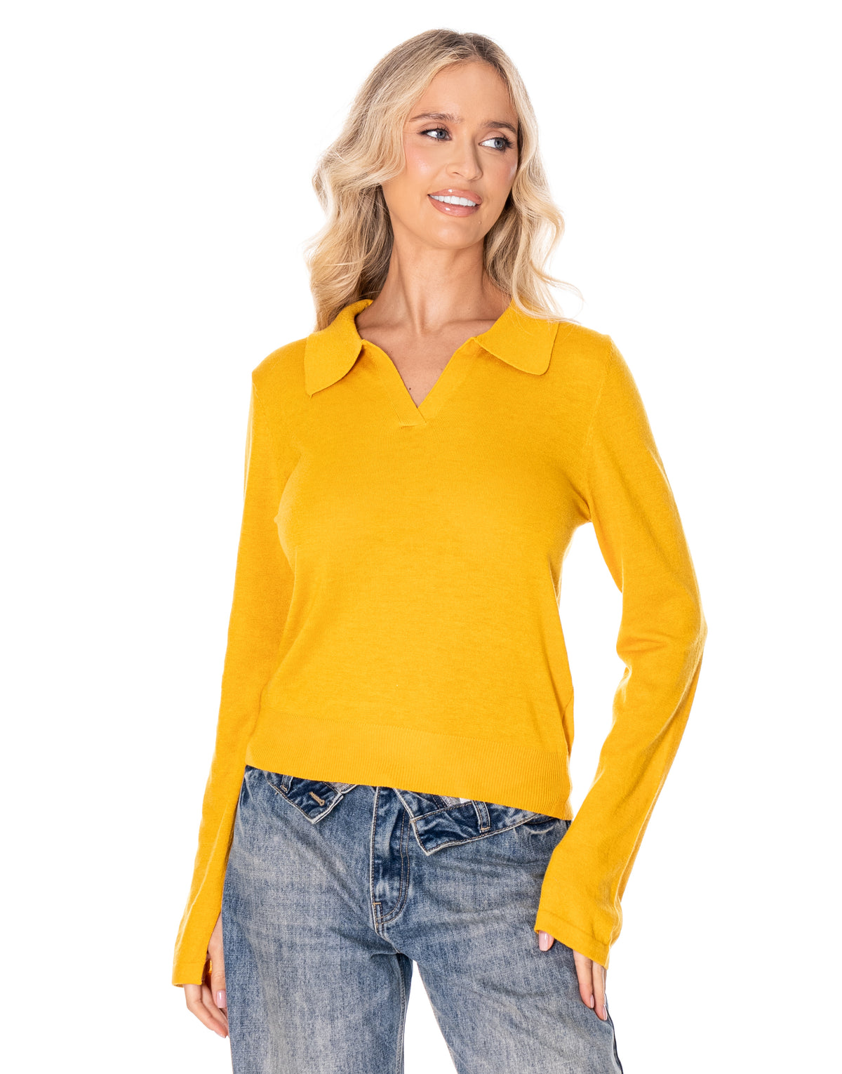 Open Collar Knit Polo Sweater - Yellow