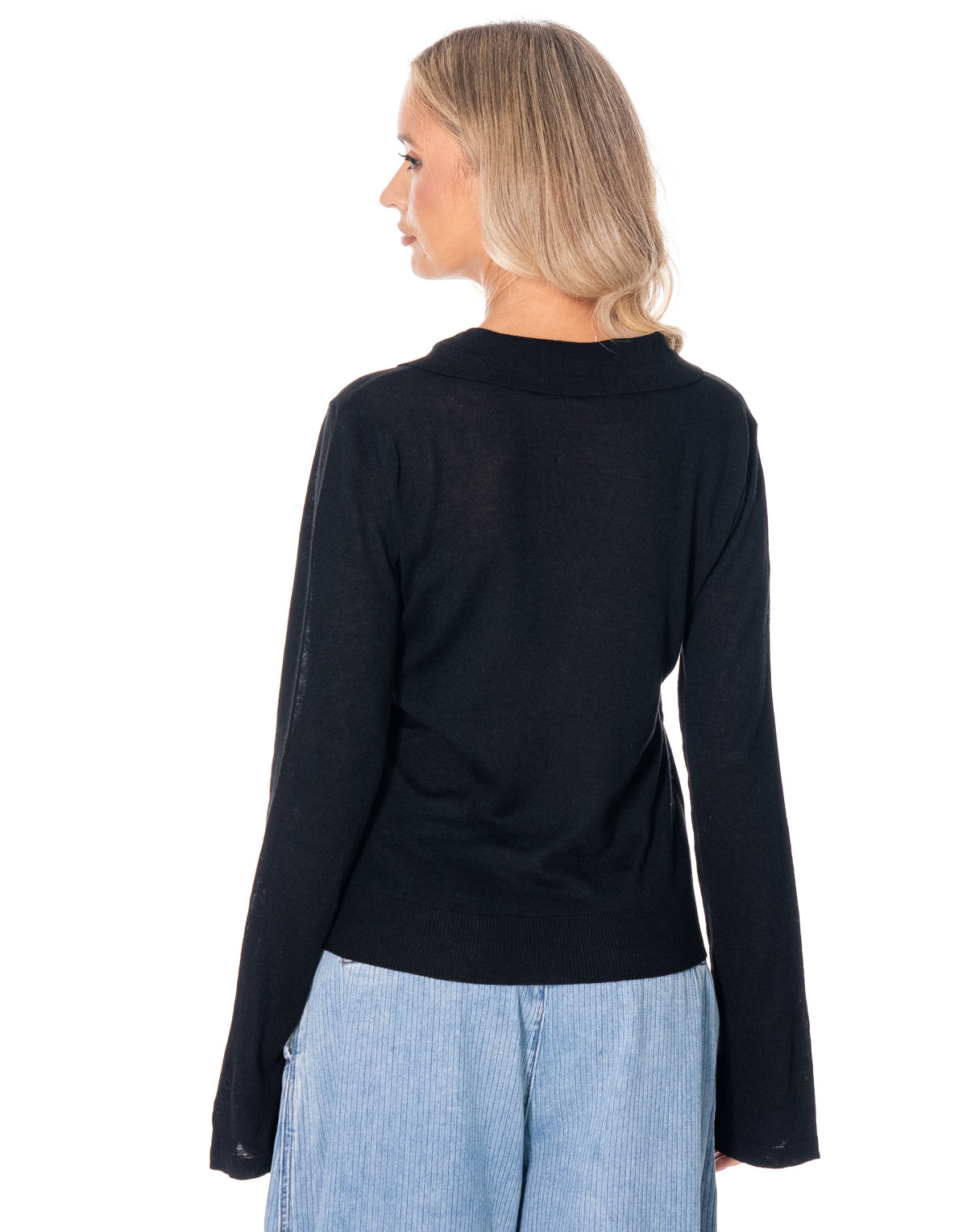 Open Collar Knit Polo Sweater - Black