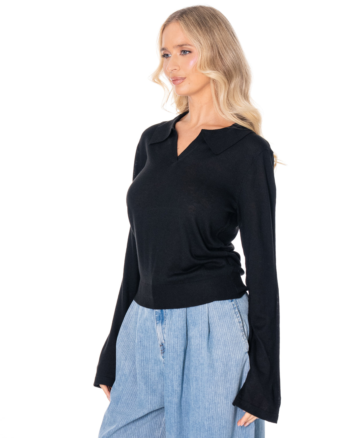 Open Collar Knit Polo Sweater - Black