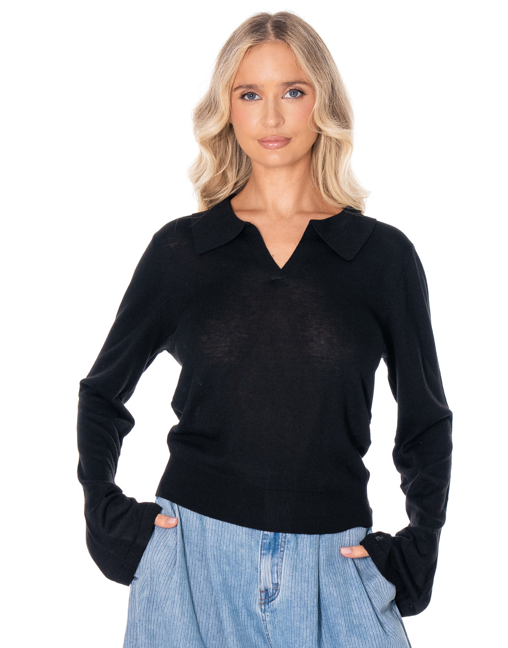 Open Collar Knit Polo Sweater - Black