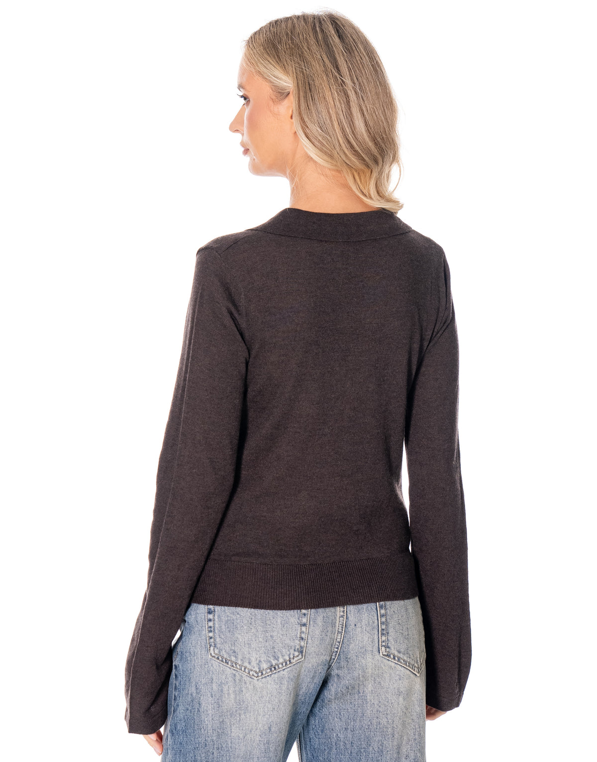 Open Collar Knit Polo Sweater - Coffee