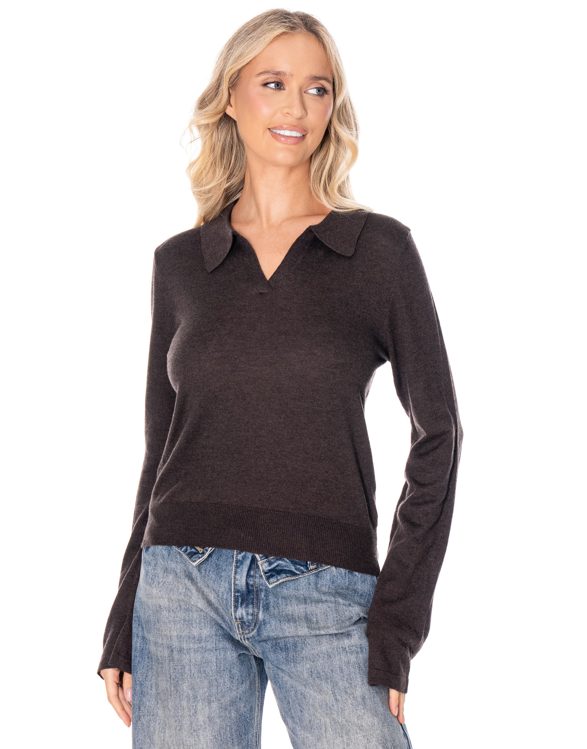 Open Collar Knit Polo Sweater - Coffee