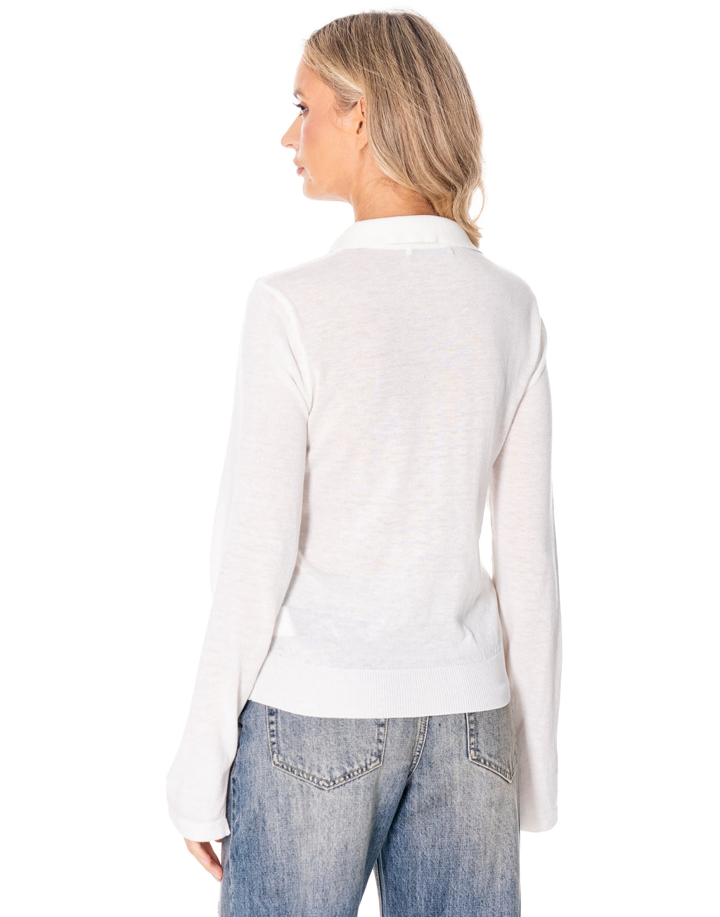 Open Collar Knit Polo Sweater - White