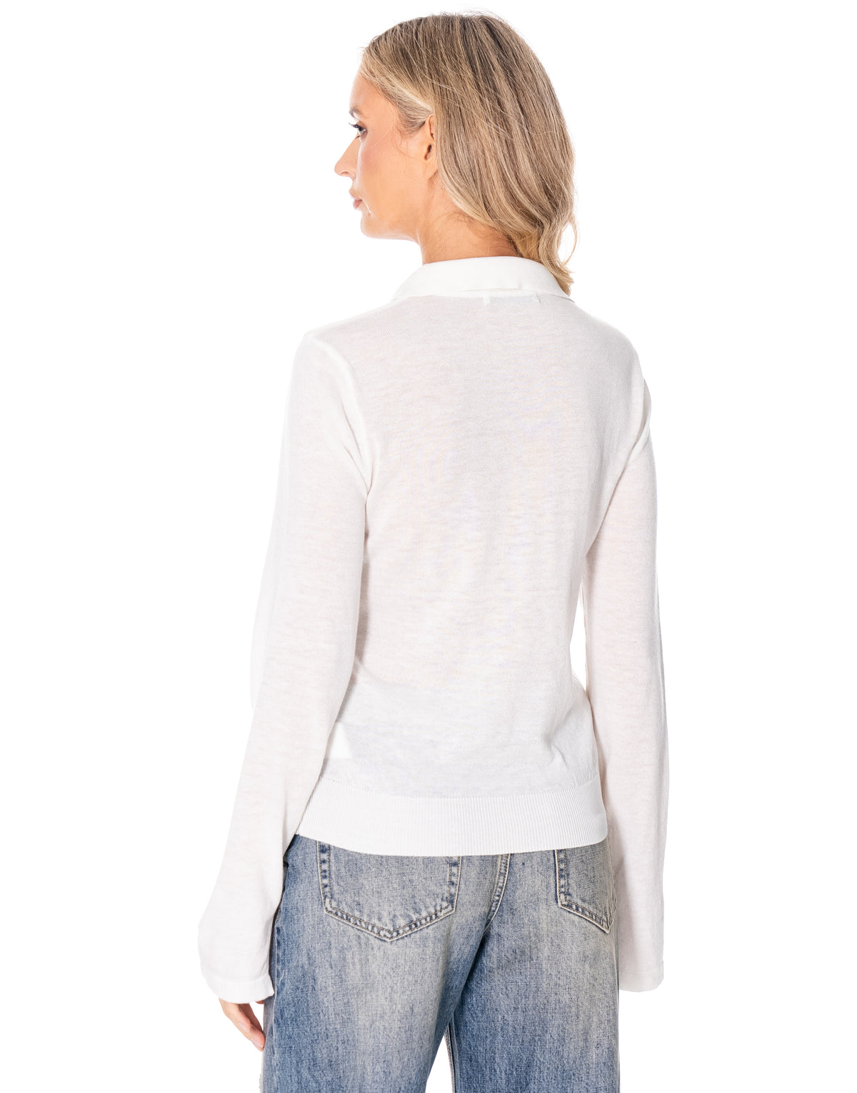 Open Collar Knit Polo Sweater - White
