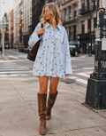 Floral Long Sleeve Mini Dress - Light Blue