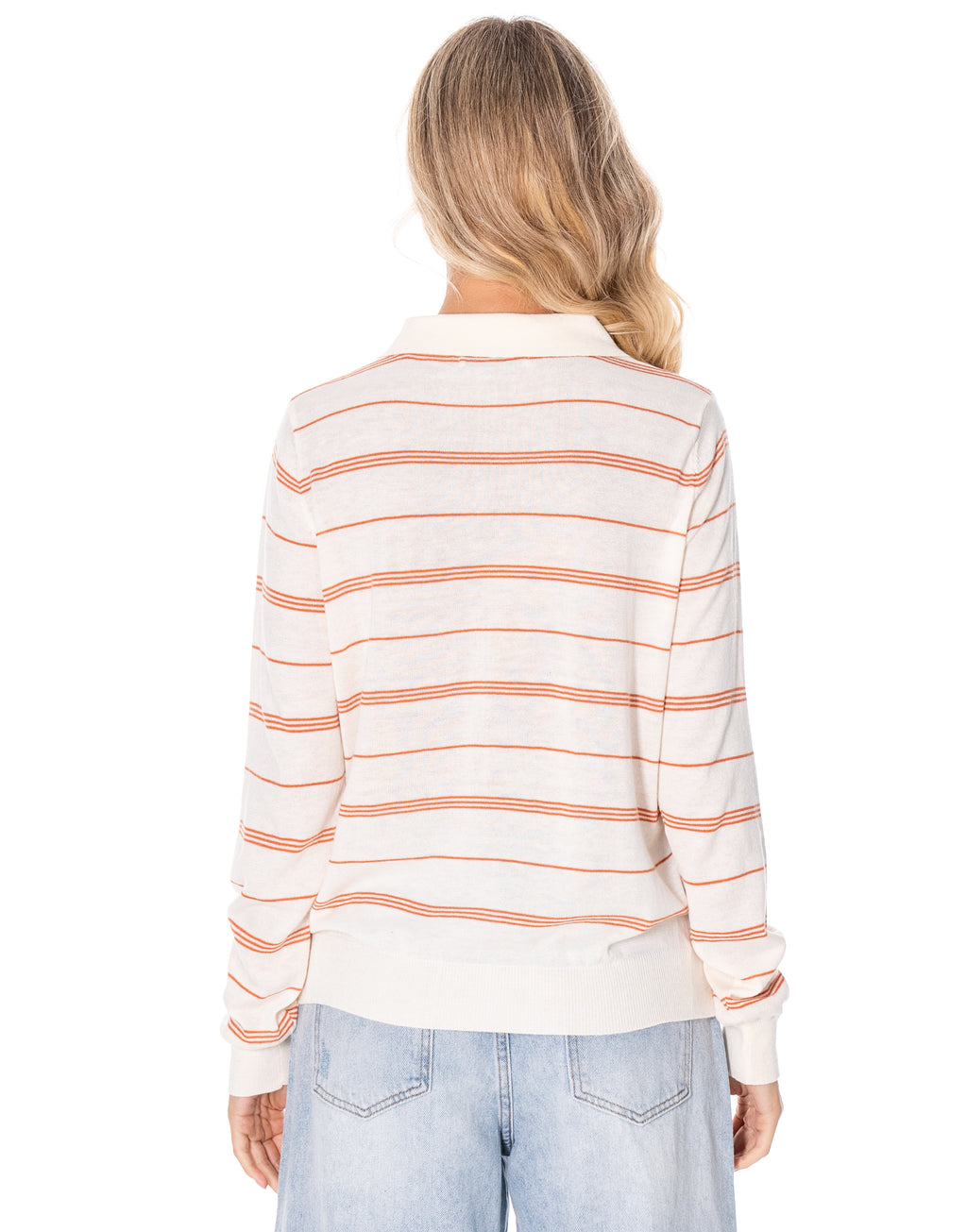 Striped Knit Polo Sweater - Apricot/orange