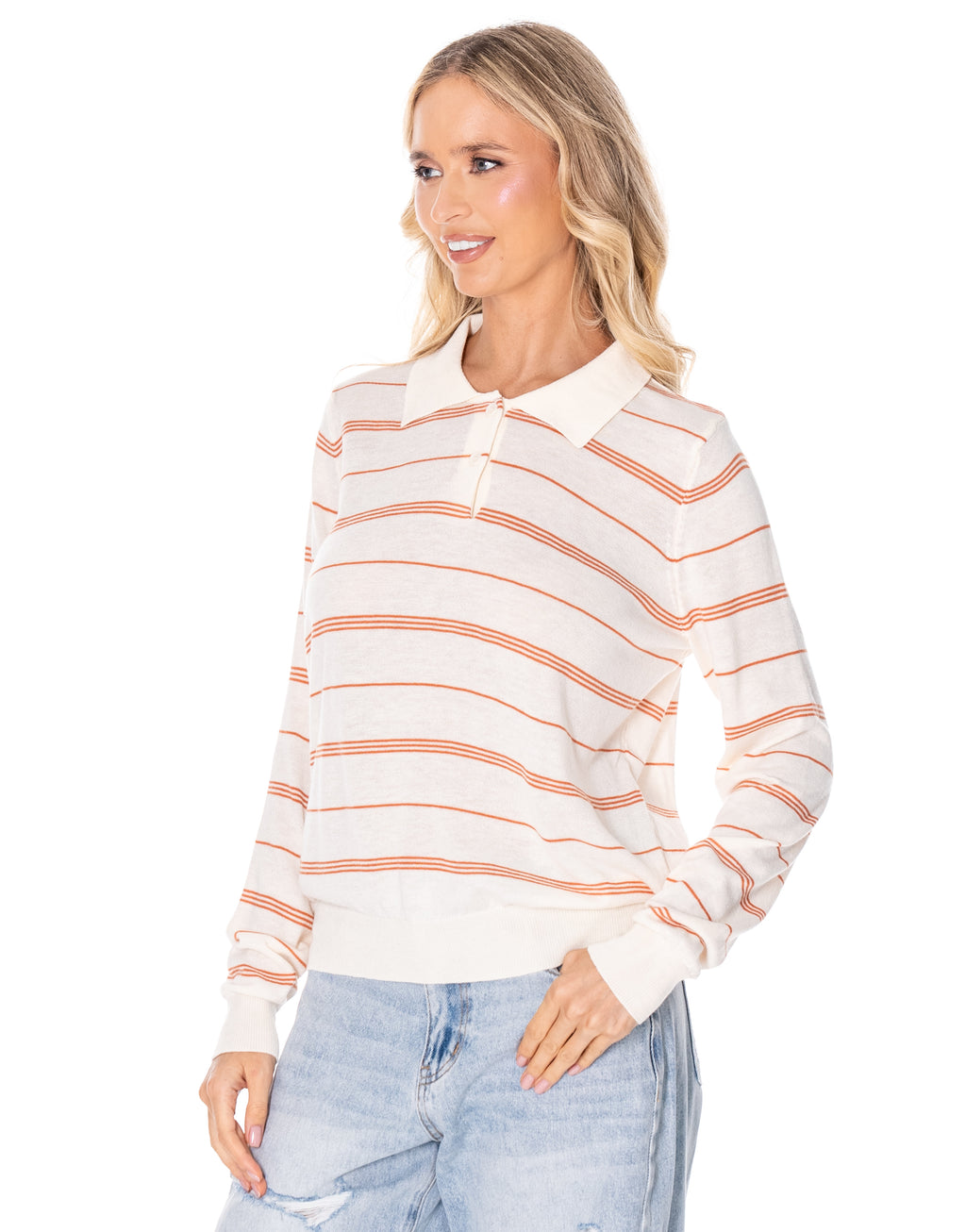 Striped Knit Polo Sweater - Apricot/orange
