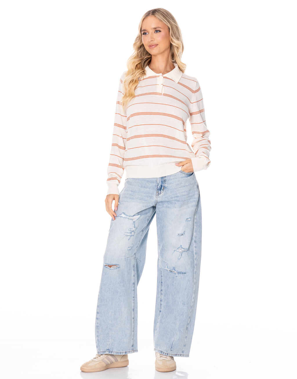 Striped Knit Polo Sweater - Apricot/orange