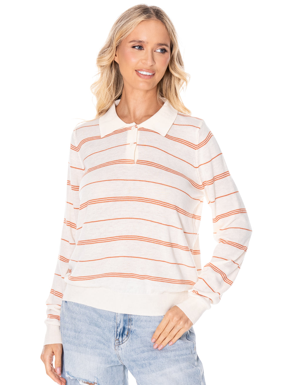 Striped Knit Polo Sweater - Apricot/orange
