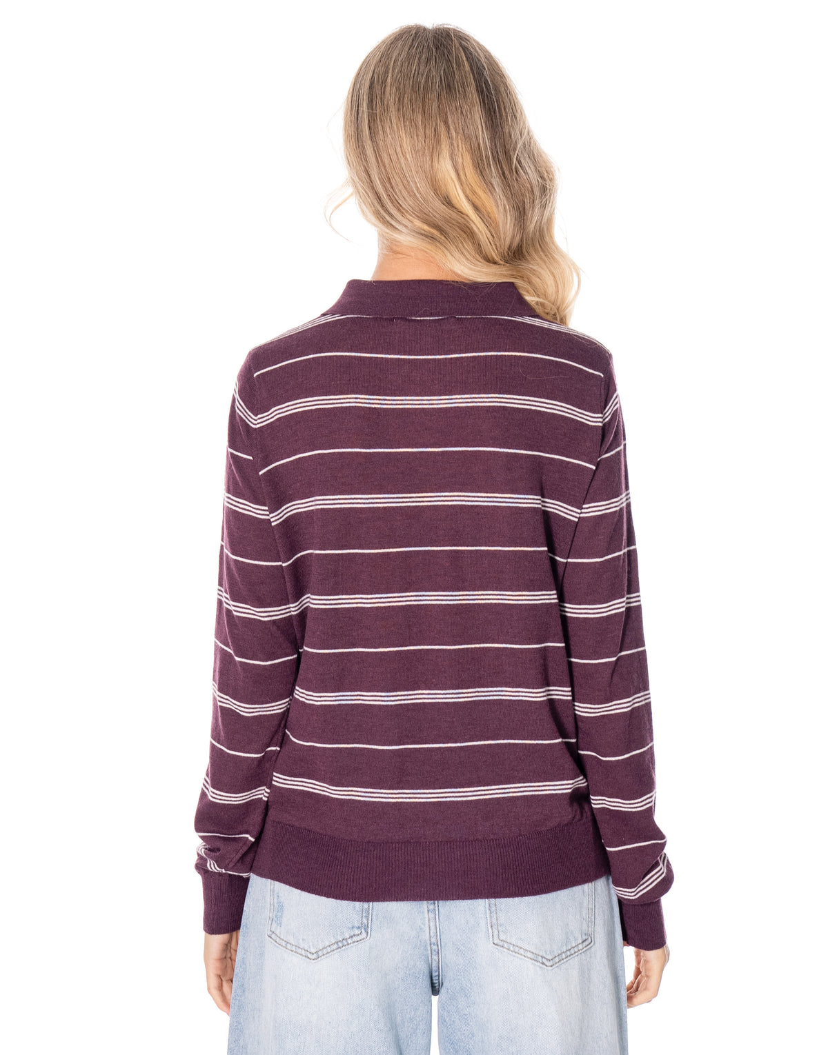 Striped Knit Polo Sweater - Dark Purple/apricot