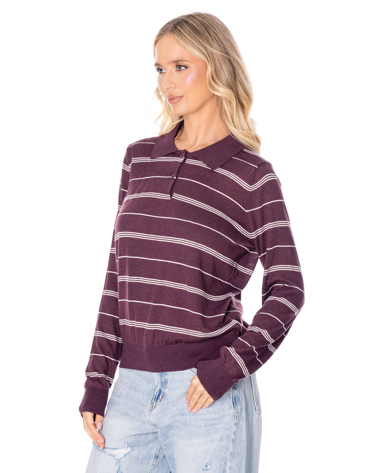 Striped Knit Polo Sweater - Dark Purple/apricot