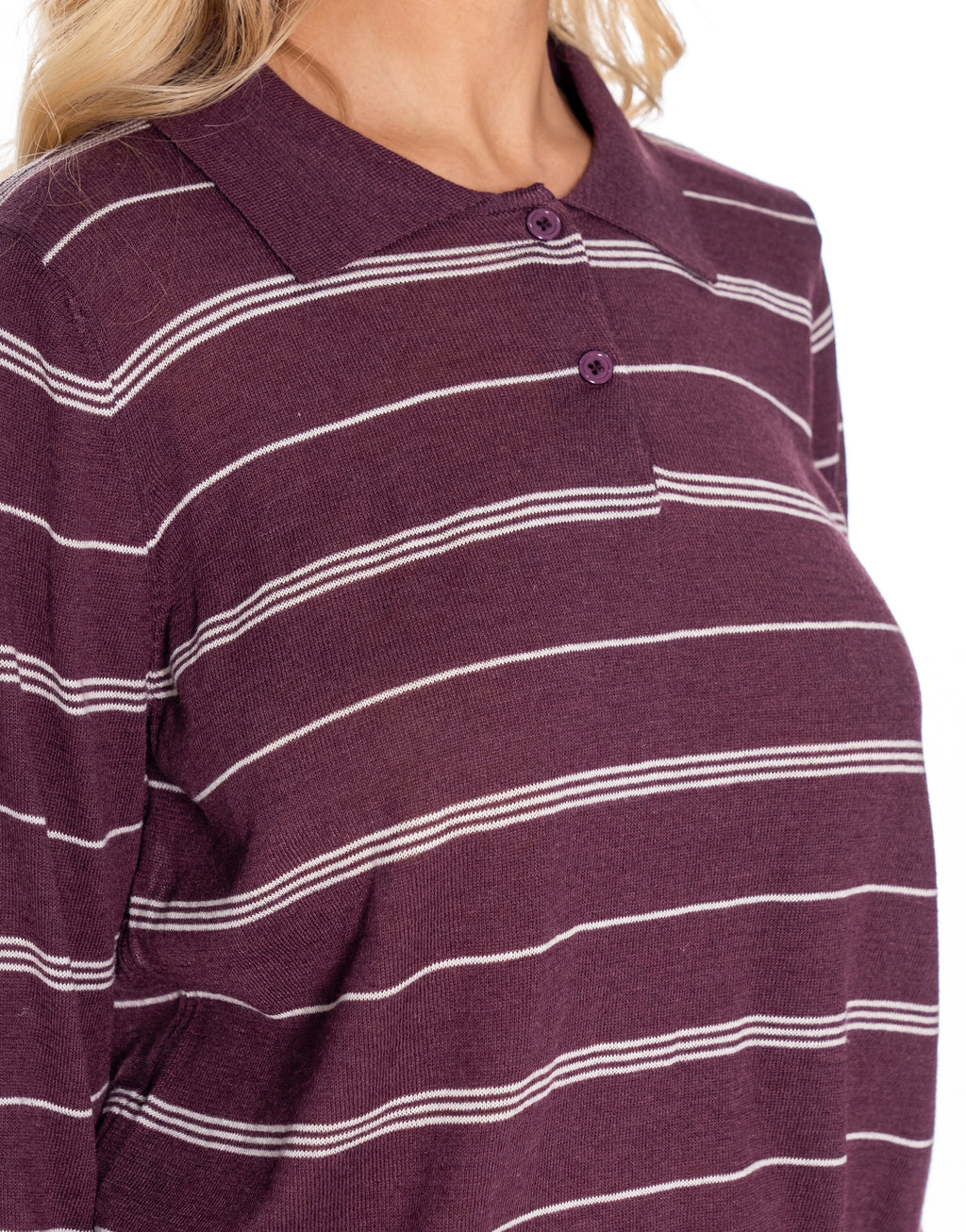 Striped Knit Polo Sweater - Dark Purple/apricot