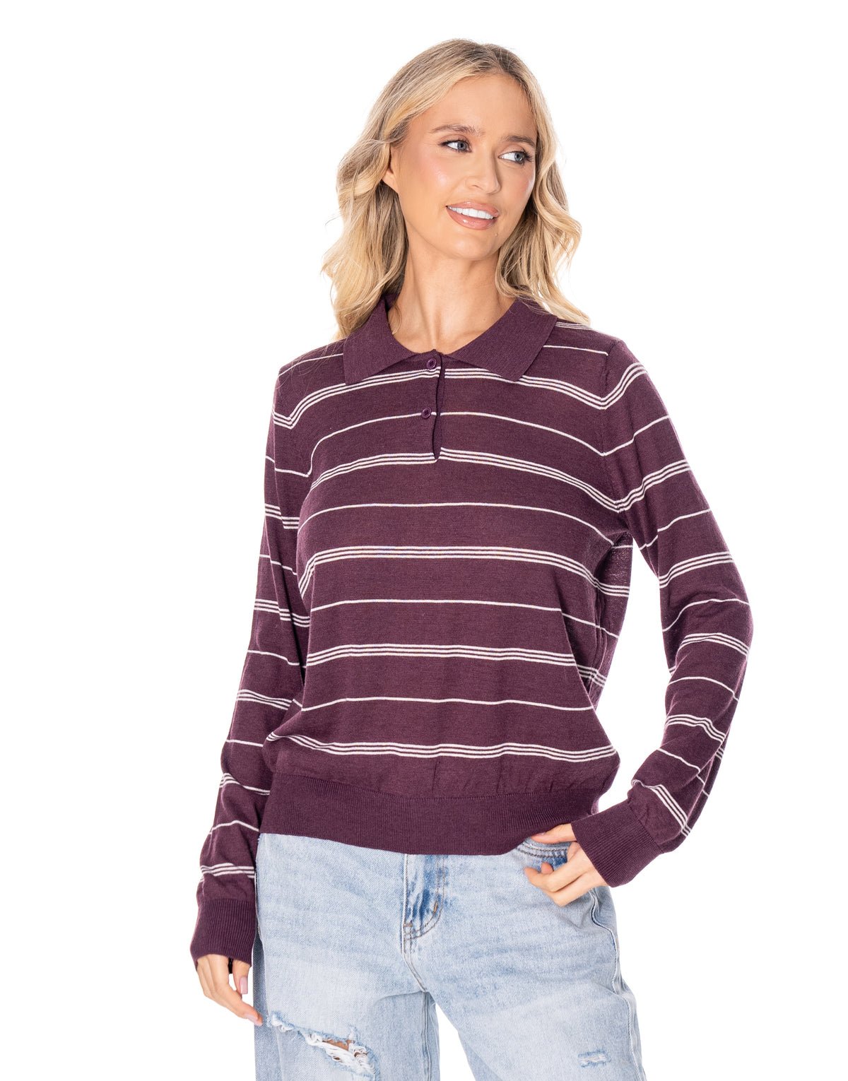 Striped Knit Polo Sweater - Dark Purple/apricot