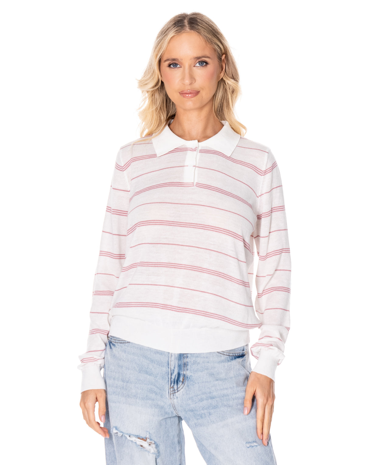 Striped Knit Polo Sweater - White/red