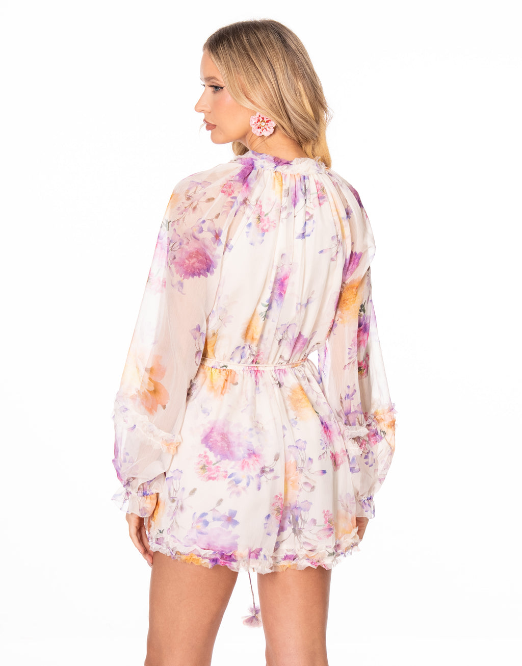 Floral Chiffon Long Sleeve Romper - Beige